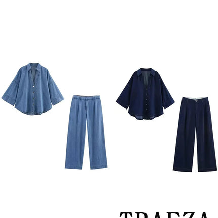 TRAFZA Vintage Casual Chic Women Cowboy Suit Single Breasted Loose Jackets Long Pants Fashion 2025 Spring Summer Denim Suits