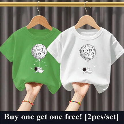2pcs Boys Cartoon Astronaut  Print T Shirt Set Kids Cotton Short Sleeve Outfit Brother Friend Party Summer Tops 3-14years