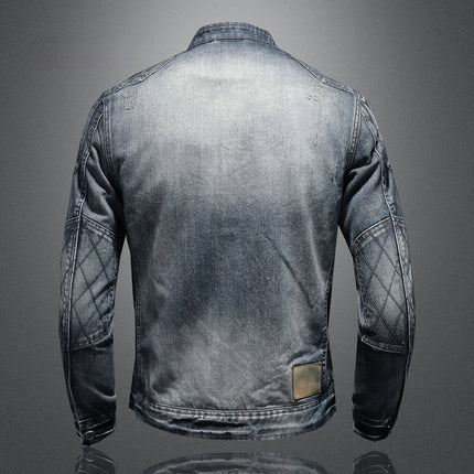 2023 Denim Jacket Men's Denim Jacket Mock Neck Zipper Slim Fit Blue Denim Jacket