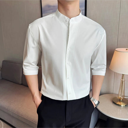 High Quality Chinese Style Stand Up Neck Shirt Men's Summer Mid Sleeved Slim Fit Casual Social Business Blouse Homme 4XL-M