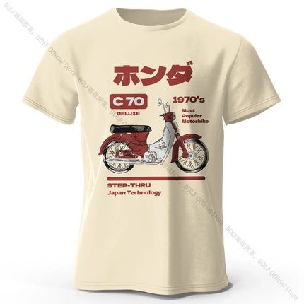 Japanese Retro Motorcycle Print 100% Cotton T-Shirt, Soft & Breathable Round Neck Short Sleeve Tee, Unisex Vintage Style