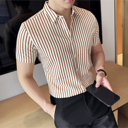 2025 Summer Fashion Vertical Striped Shirts Luxury Men's Short Sleeved Slim Fit Casual Pleated Business Shirt Men Clothing 4XL-M
