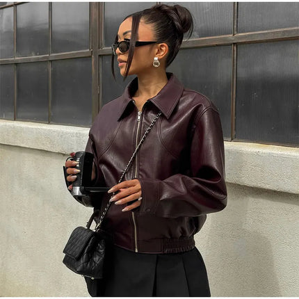 Women Red Wine Leather Short Jackets With Belt Vintage Turndown Collar Long Sleeve Coats 2024 Female Chic Streetwear Cardigan