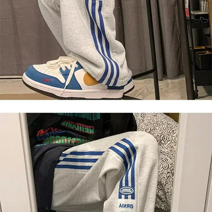 American Style High Street Pants Men's Fall Winter Trendy Brand Fleece-Lined Casual Sports Striped Waist-Defining Loose Fit Vers