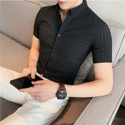 High Quality Pinstripe Casual Shirts  For Men 2024 Summer Slim Fit Business Social Elastic Social Party Shirt Plus Size 4XL-M