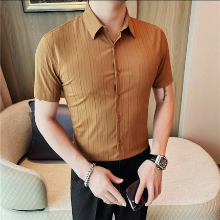 Plus Size 4XL-M Luxury Summer Fashion Striped Shirts Men's Short Sleeved Slim Fit Casual Business Shirt 2024 New Club Outfits