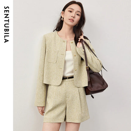SENTUBILA Spring Women's Jackets 2025 Straight Cropped Office Lady Crewneck Long Sleeve Single Breasted Formal Coat 151W58771