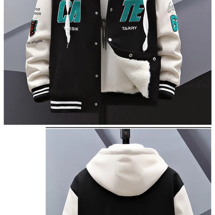 New 2024 Autumn Winter Men's Hooded Fleece Baseball Jackets Casual Warm Plush Coat Youth Streetwear Windproof Thick Padded Parka