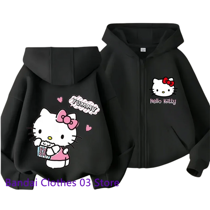 2024 Hello Kitty New Pin Zipper Hoodie Girls Sweatshirt Autumn/Winter Long Sleeve Jacket Harajuku Jumper Pin Casual Hoodie Top