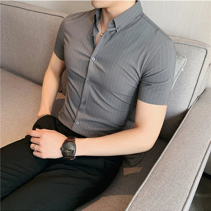 High Quality Pinstripe Casual Shirts  For Men 2024 Summer Slim Fit Business Social Elastic Social Party Shirt Plus Size 4XL-M
