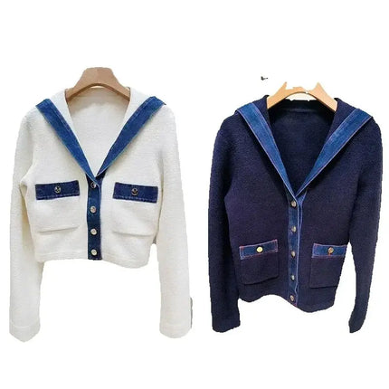 Denim Fights Navy V -neck Knitted Cardigan Age School Style Short Jacket French Niche 2025 Early Spring New Cardigan Women