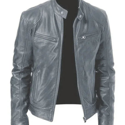 Mens Leather Jacket Autumn Winter Business Gentleman Warm Zipper Cardigan Pocket PU Leather Jacket Stand Collar Slim Coat