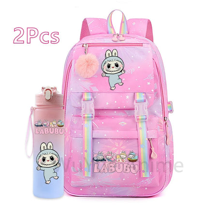 2Pcs/set Cute Cartoon Backpack with 750Ml Outdoor Sports Water Bottle Student Girl Boy Schoolbag Large Capacity Travel Bag Gift
