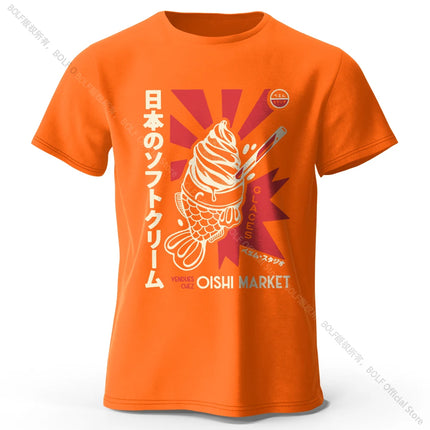 Japanese Foodie Print 100% Cotton T-Shirt, Soft & Breathable Round Neck Short Sleeve Tee, Unisex Cute & Cultural Style