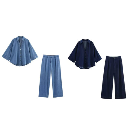 TRAFZA Vintage Casual Chic Women Cowboy Suit Single Breasted Loose Jackets Long Pants Fashion 2025 Spring Summer Denim Suits