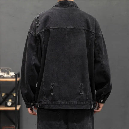 Light Blue Men Denim Jacket, Single Breasted Lapel Casual Coat, Washed Hole Decoration Top,Black,Gray Male Jackets,Asian Size