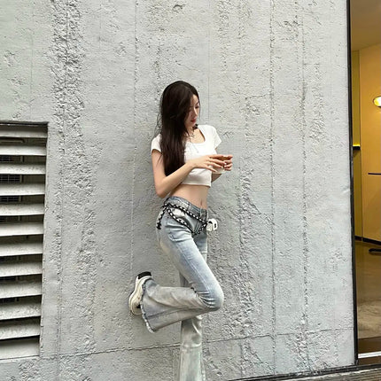 Womens Jeans Flared Trousers Blue Woman Pants Bell Bottom Skinny Slim Fit Low Rise Waist Flare with Pockets Wide Leg Grunge Y2k