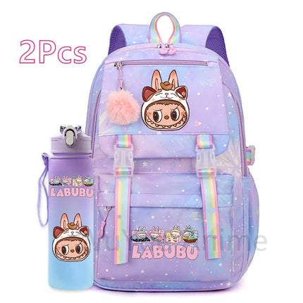 2Pcs/set Cute Cartoon Backpack with 750Ml Outdoor Sports Water Bottle Student Girl Boy Schoolbag Large Capacity Travel Bag Gift