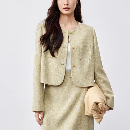 SENTUBILA Spring Women's Jackets 2025 Straight Cropped Office Lady Crewneck Long Sleeve Single Breasted Formal Coat 151W58771