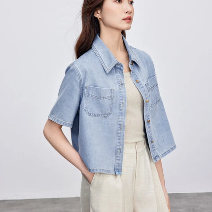 SENTUBILA Lyocell Denim Women Jackets 2025 Retro Fashion Short Streetwear Button Pockets Casual Female Outerwear W52W59414