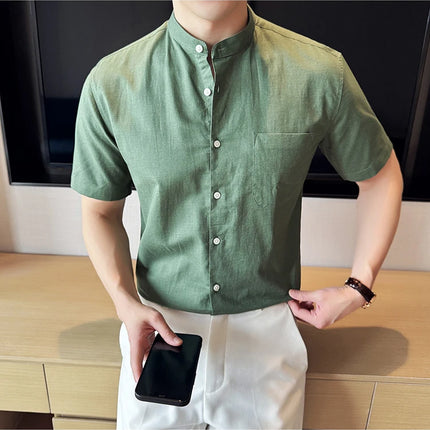 Summer New Chinese Style Linen Cotton Shirts Men's Standing Collar Short Sleeved Thin Breathable Shirt Tops Streetwear 4XL-M