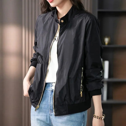 Baseball Aviator Coat Woman Zip-up Black Spring Autumn Plain Bomber Jacket for Women 2025 Trend Fashion High Quality Long Sleeve
