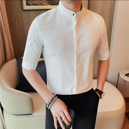 Summer New Standing Collar Half Sleeve Shirts For Men Invisible Button Up Design Slim Casual Business Social Shirt Club Outfits