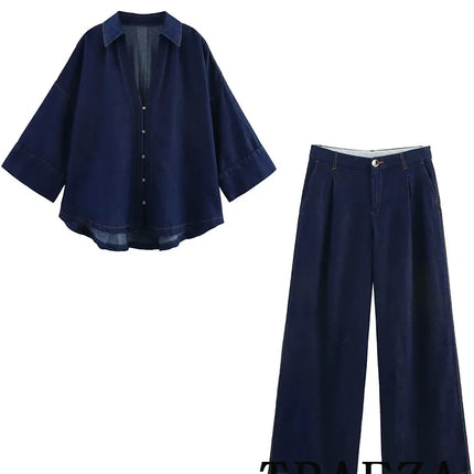 TRAFZA Vintage Casual Chic Women Cowboy Suit Single Breasted Loose Jackets Long Pants Fashion 2025 Spring Summer Denim Suits