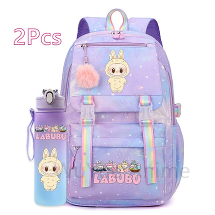 2Pcs/set Cute Cartoon Backpack with 750Ml Outdoor Sports Water Bottle Student Girl Boy Schoolbag Large Capacity Travel Bag Gift