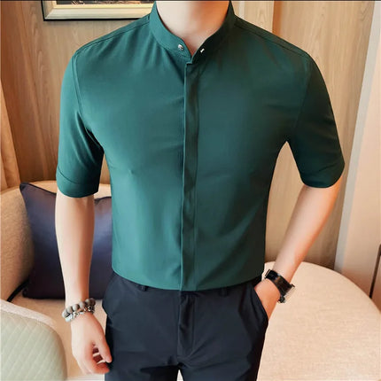 Summer New Standing Collar Half Sleeve Shirts For Men Invisible Button Up Design Slim Casual Business Social Shirt Club Outfits