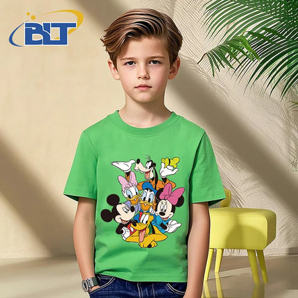 Disney Mickey Mouse and Friends print kids T-shirt pure cotton short-sleeved green top cartoon children's clothing for boys