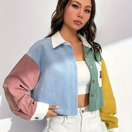 2024 Spring Summer Thin Loose Casual Velvet Color Block Short Jacket Women's Fashion Outerwear Versatile Lightweight Top