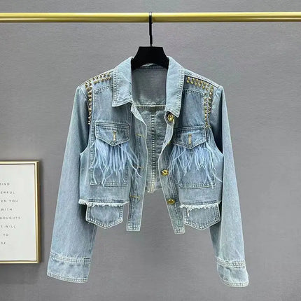 Women's Denim Jacket with Feather Decoration Denim Top, Heavy-duty Willow Nail Irregular Short Denim Coat Top