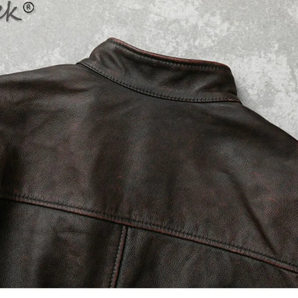 Tcyeek Genuine Leather Jacket for Men Top Layer Cowhide Coats Spring Autumn Vintage Leather Coat Mens Jackets Jaqueta Masculina