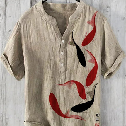 New style simple flower V-neck short-sleeved shirt foreign trade fashion casual loose T-shirt shirt bamboo linen shirt top