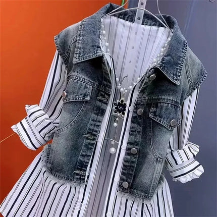 Fashion Design Sense Striped Denim Jackets Shirt Women's Spring Summer 2025 New cowboy Splicing Fake Two Pieces Shirt Coat Top W