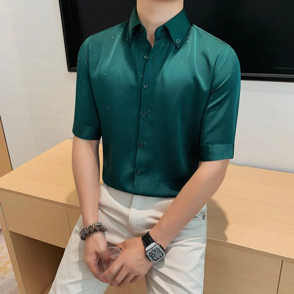 Summer New Powder Shiny Shirts Fashion Men's V-neck Half Sleeve Slim Fit Casual Shirts Social Personality  Top Club Outfits