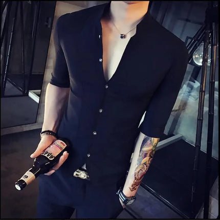 2024 Summer Fashion Stand Collar Chinese Style Shirt Men Solid Color Slim Fit Half Sleeve Dress Shirts Designer Club Prom Shirt