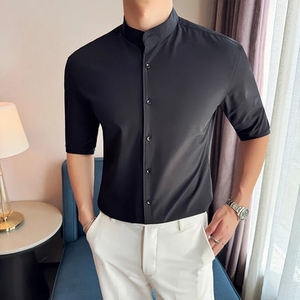 High Quality Chinese Style Stand Up Neck Shirt Men's Summer Mid Sleeved Slim Fit Casual Social Business Blouse Homme 4XL-M