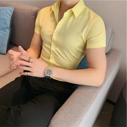 Summer Men Fashion Casual Short Sleeve Solid Shirt Super Slim Fit Male Social Business Dress Shirt Brand Men Casual Dress Blouse