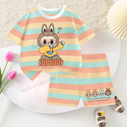 2pcs Labubu T-shirts Shorts Set for Children Pop Mart Fashion Striped Short Sleeved Shorts Suit Boys Girls Summer Clothes Suits