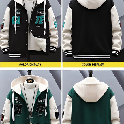New 2024 Autumn Winter Men's Hooded Fleece Baseball Jackets Casual Warm Plush Coat Youth Streetwear Windproof Thick Padded Parka