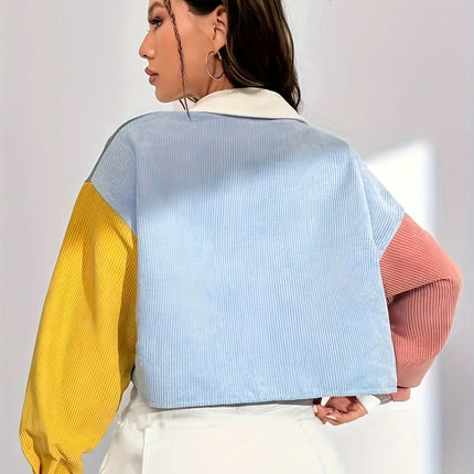 2024 Spring Summer Thin Loose Casual Velvet Color Block Short Jacket Women's Fashion Outerwear Versatile Lightweight Top