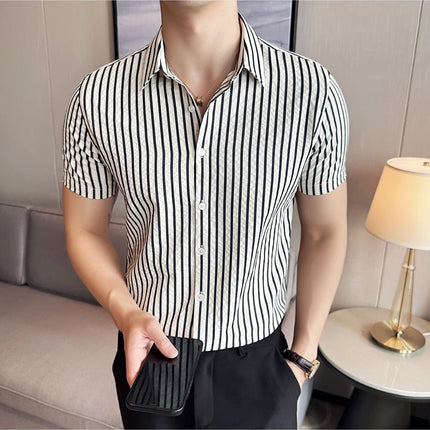 2025 Summer Fashion Vertical Striped Shirts Luxury Men's Short Sleeved Slim Fit Casual Pleated Business Shirt Men Clothing 4XL-M