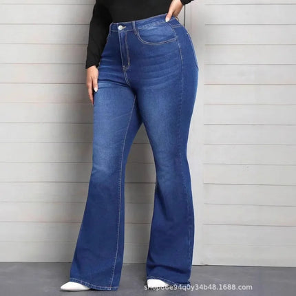 Blue Classic Fashion Flare Pants Comfort Micro Stretch Mid Waist Jeans Women Plus Size Trousers Casual Elastic Gym Sports Pant
