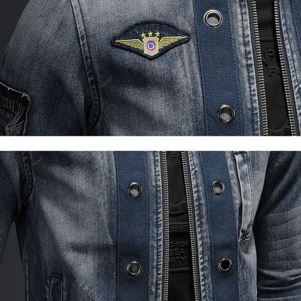 Autumn European Standneck Patch Pilot Blue Denim Jacket Men's Denim Jacket Slim Fit Motorcycle Casual Jacket