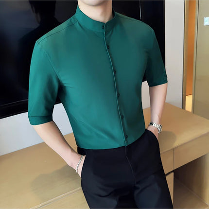 High Quality Chinese Style Stand Up Neck Shirt Men's Summer Mid Sleeved Slim Fit Casual Social Business Blouse Homme 4XL-M