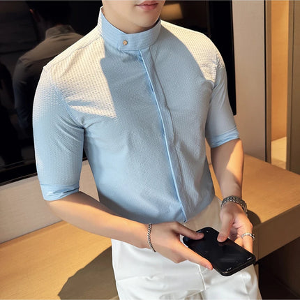 New Chinese Style Stand Up Collar Slim Fit Half Sleeved Shirts Men High Quality Striped Elegant Shirt Summer Social Party Dress
