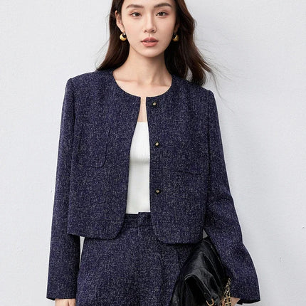 SENTUBILA Spring Women's Jackets 2025 Straight Cropped Office Lady Crewneck Long Sleeve Single Breasted Formal Coat 151W58771