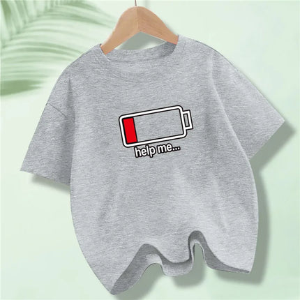 Battery Energy Low Help Me Printed T-Shirt For Boys Harajuku Funny T Shirt Kids Cotton Summer Tops Tee